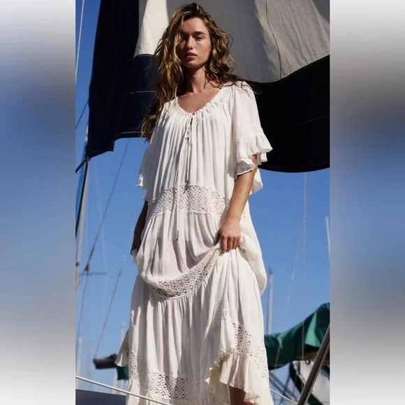 Free People Dream On Maxi Beach Dress Sand Dollar Flutter Sleeves Oversized - Picture 4 of 4